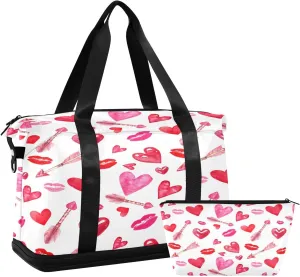 Travel Duffel Bag with Toiletry Bag, Large Sports Tote Gym Bag, Waterproof Packable Duffle Bag with Shoe Compartment, Watercolor Red Pink Lips Weekender Overnight Bag Gym Bag for Women Men
