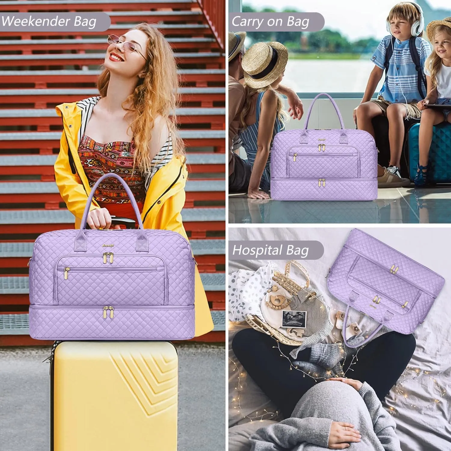 Travel Duffel Bags for Women with Shoe Compartment, Weekender Overnight Bag with Wet Pocket & Toiletry Bag, Carry On Personal Item Bag, Travel Tote Gym Bag, Hospital Bags for Labor and Delivery