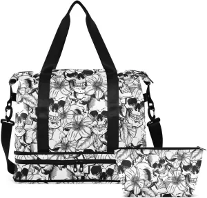 Travel Duffel Tote Bag Goth Skull White Sports Duffel Bag with Wet Pocket Weekender Overnight Bag for Women Men Gym Bag, Carry On Bag Hospital Bag for Labor and Delivery