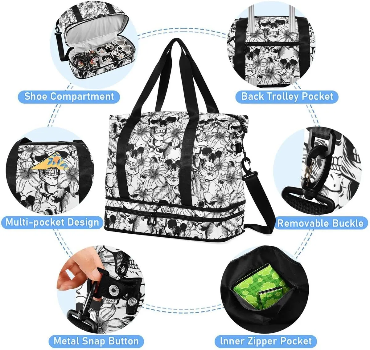 Travel Duffel Tote Bag Goth Skull White Sports Duffel Bag with Wet Pocket Weekender Overnight Bag for Women Men Gym Bag, Carry On Bag Hospital Bag for Labor and Delivery