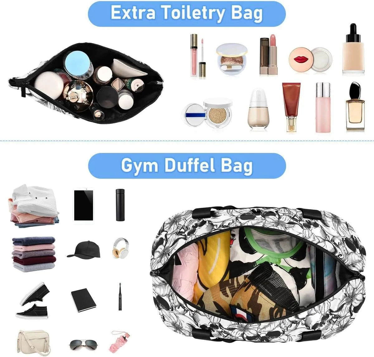 Travel Duffel Tote Bag Goth Skull White Sports Duffel Bag with Wet Pocket Weekender Overnight Bag for Women Men Gym Bag, Carry On Bag Hospital Bag for Labor and Delivery