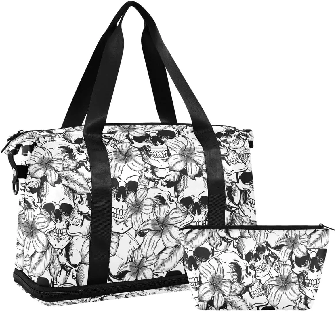 Travel Duffel Tote Bag Goth Skull White Sports Duffel Bag with Wet Pocket Weekender Overnight Bag for Women Men Gym Bag, Carry On Bag Hospital Bag for Labor and Delivery
