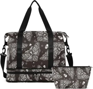 Travel Duffel Tote Bag Moth Skull Moon Esoteric Sports Duffel Bag with Wet Pocket Weekender Overnight Bag for Women Men Gym Bag, Carry On Bag Hospital Bag for Labor and Delivery