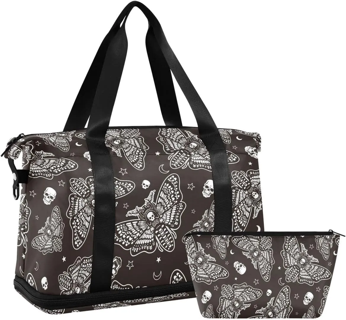 Travel Duffel Tote Bag Moth Skull Moon Esoteric Sports Duffel Bag with Wet Pocket Weekender Overnight Bag for Women Men Gym Bag, Carry On Bag Hospital Bag for Labor and Delivery