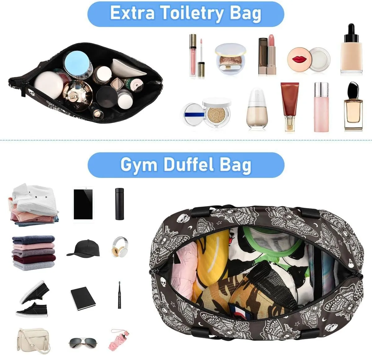 Travel Duffel Tote Bag Moth Skull Moon Esoteric Sports Duffel Bag with Wet Pocket Weekender Overnight Bag for Women Men Gym Bag, Carry On Bag Hospital Bag for Labor and Delivery