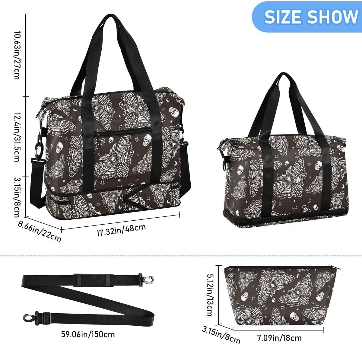 Travel Duffel Tote Bag Moth Skull Moon Esoteric Sports Duffel Bag with Wet Pocket Weekender Overnight Bag for Women Men Gym Bag, Carry On Bag Hospital Bag for Labor and Delivery