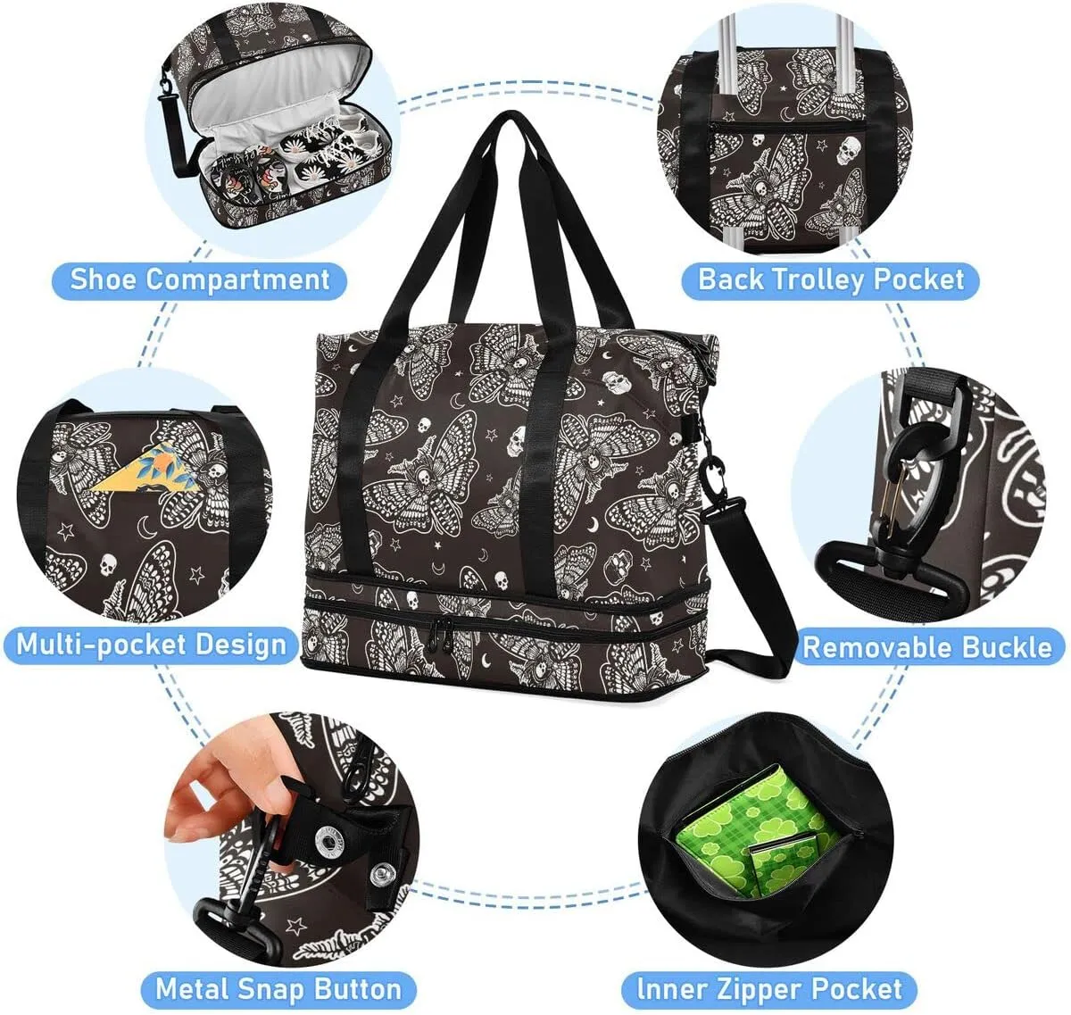 Travel Duffel Tote Bag Moth Skull Moon Esoteric Sports Duffel Bag with Wet Pocket Weekender Overnight Bag for Women Men Gym Bag, Carry On Bag Hospital Bag for Labor and Delivery