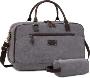 Travel Duffle Bag for Men Women, Foldable Canvas Duffel Bag with Toiletry Bag Overnight Weekender Carry on Bags for Airplanes | Grey Personal Item Travel Bag