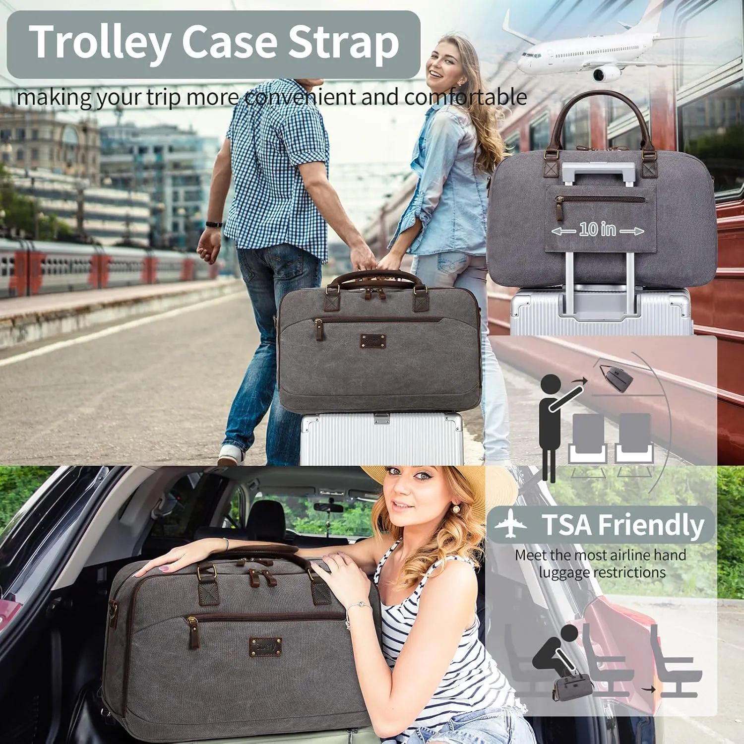Travel Duffle Bag for Men Women, Foldable Canvas Duffel Bag with Toiletry Bag Overnight Weekender Carry on Bags for Airplanes | Grey Personal Item Travel Bag
