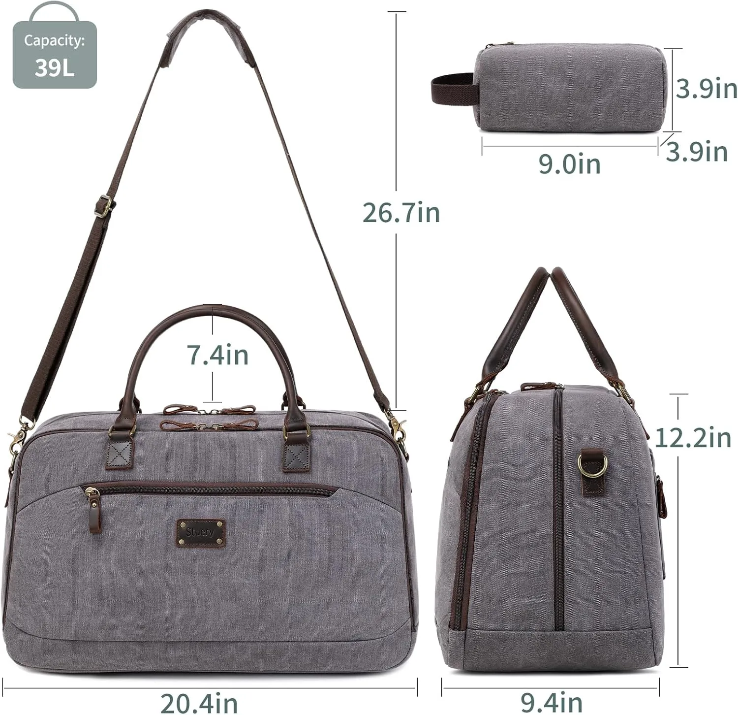 Travel Duffle Bag for Men Women, Foldable Canvas Duffel Bag with Toiletry Bag Overnight Weekender Carry on Bags for Airplanes | Grey Personal Item Travel Bag