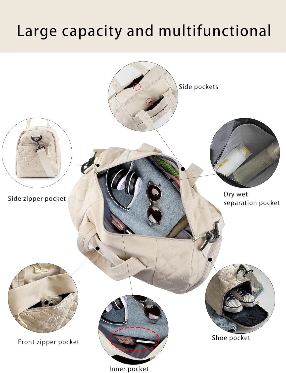 Travel Duffle Bag for Women Weekender Bag Luggage with Toiletry bag Shoe Pocket for Hospital,Gym and Airplane Travel,Beige