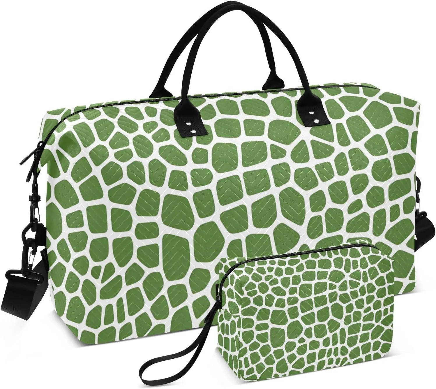 Travel Duffle Bag Gym Bag, Green Lizard Skin Print Weekender Bags for Women with Toiletry Bag Travel Tote Bag Swim Bag
