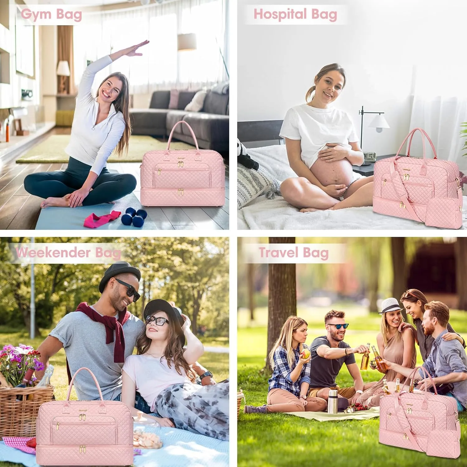 Travel Duffle Bag Weekender for Women - 38L Carry-On Overnight Personal Item Bag with Shoe Compartment & Wet Pocket Weekend Tote Bags with Toiletry Hospital Bags for Labor and Delivery