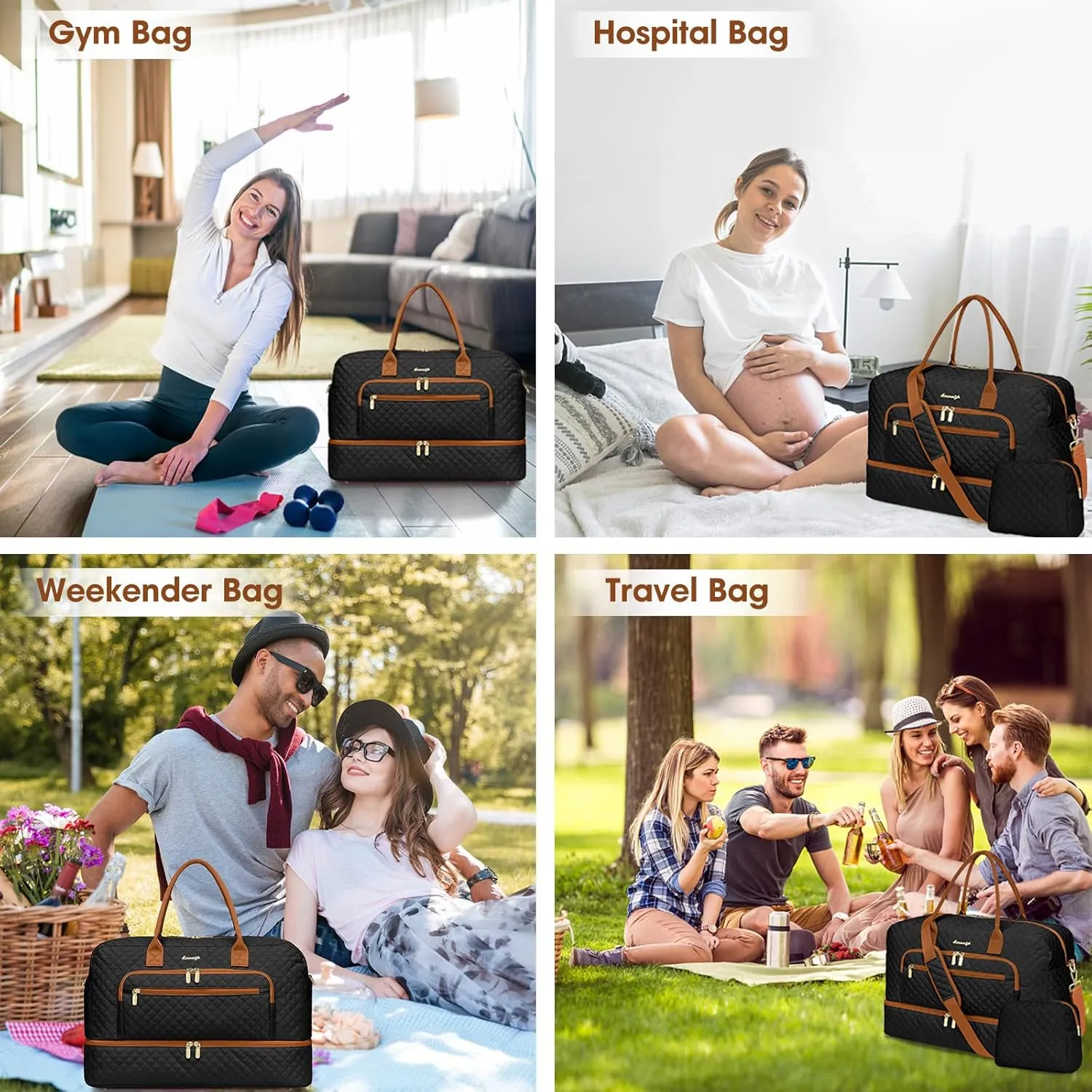 Travel Duffle Bag Weekender for Women - 38L Carry-On Overnight Personal Item Bag with Shoe Compartment & Wet Pocket Weekend Tote Bags with Toiletry Hospital Bags for Labor and Delivery