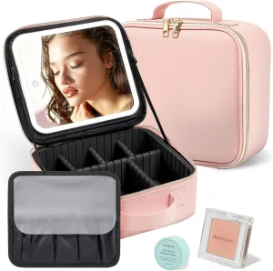 Travel makeup bag with led mirror,Rechargeable Vanity Mirror with 3 Color Lights,Makeup Case Travel Cosmetic Brush Organizer Storage Box,Makeup artist uses beauty tools (Pink)