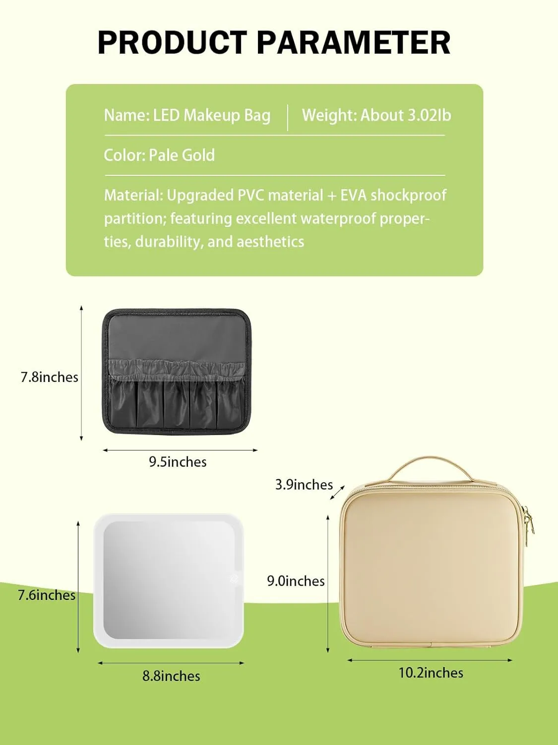 Travel Makeup Bag with Lighted Mirror，Makeup Train Case with Adjustable Dividers and 3 Light Modes, PVC, Pale Gold
