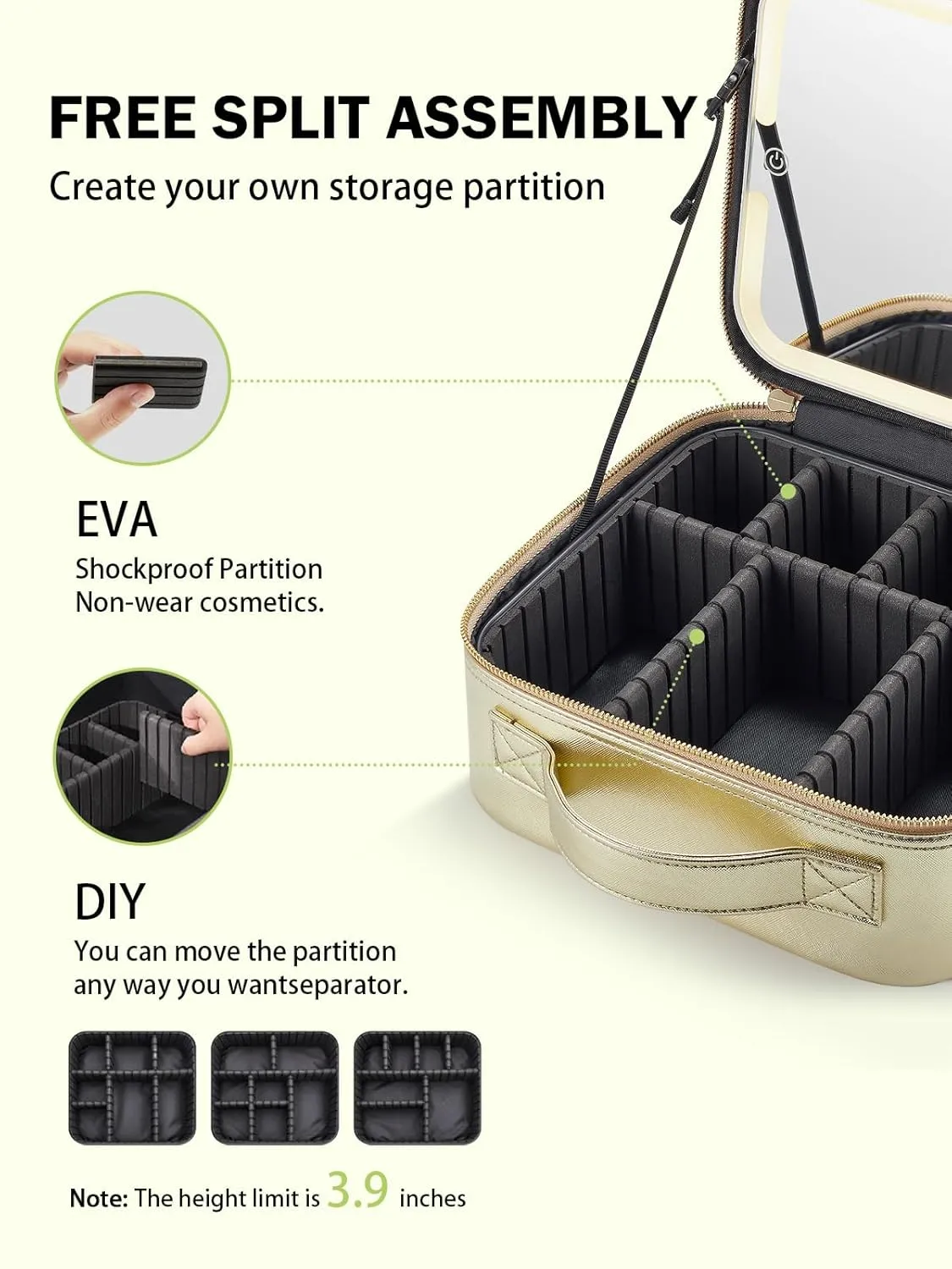 Travel Makeup Bag with Lighted Mirror，Makeup Train Case with Adjustable Dividers and 3 Light Modes, PVC, Pale Gold