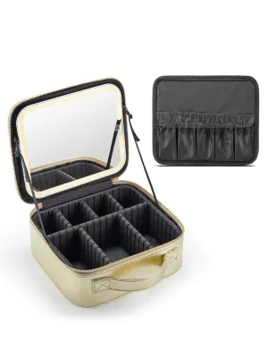 Travel Makeup Bag with Lighted Mirror，Makeup Train Case with Adjustable Dividers and 3 Light Modes, PVC, Pale Gold