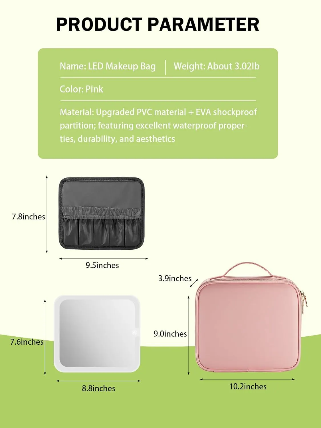 Travel Makeup Bag with Lighted Mirror，Makeup Train Case with Adjustable Dividers and 3 Light Modes, PVC, Pink