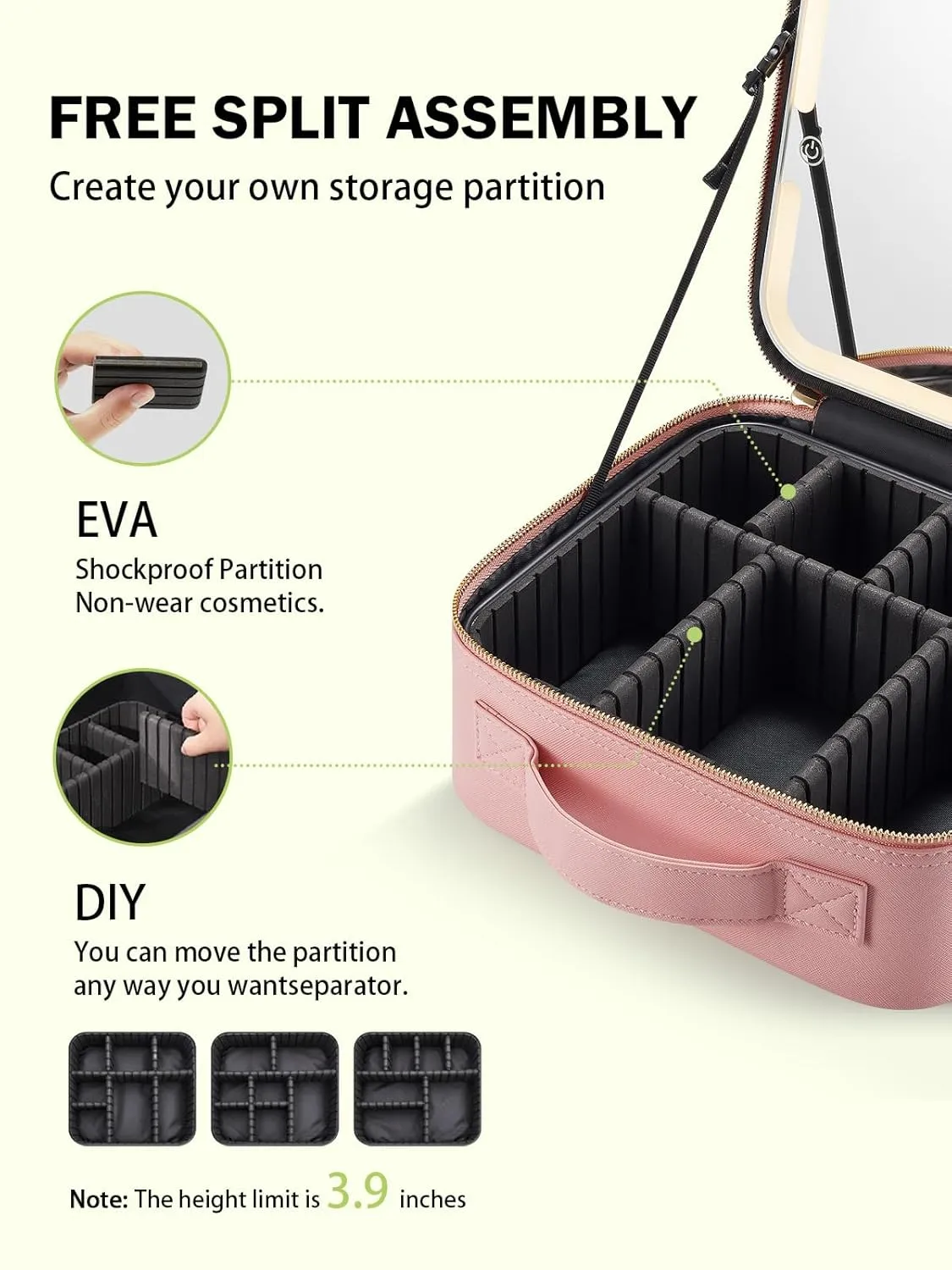 Travel Makeup Bag with Lighted Mirror，Makeup Train Case with Adjustable Dividers and 3 Light Modes, PVC, Pink