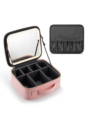 Travel Makeup Bag with Lighted Mirror，Makeup Train Case with Adjustable Dividers and 3 Light Modes, PVC, Pink