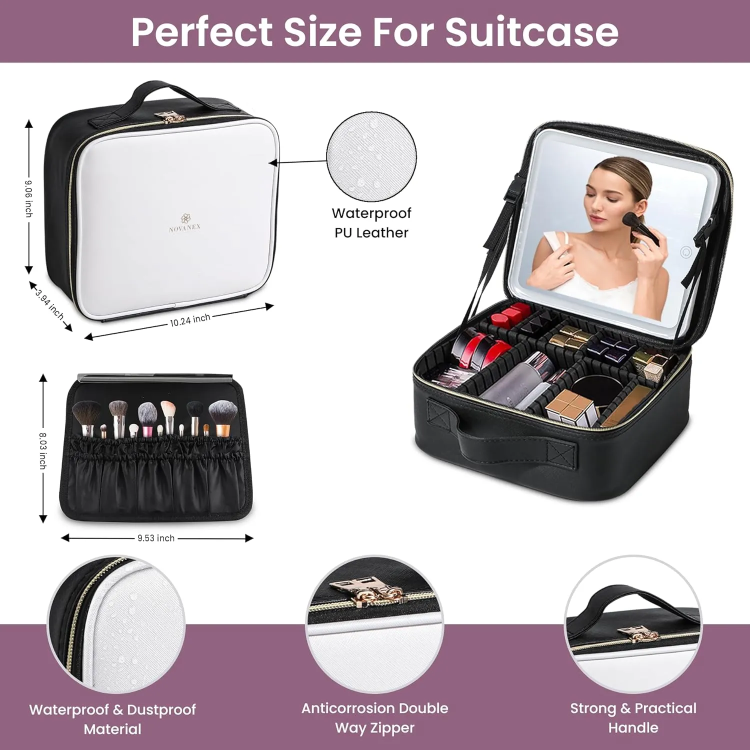 Travel Makeup Case: Waterproof makeup bag with led mirror, Portable Artist Organizer with Adjustable Dividers, Makeup Brush Holder, Lighted Case, Train case with light up mirror- White