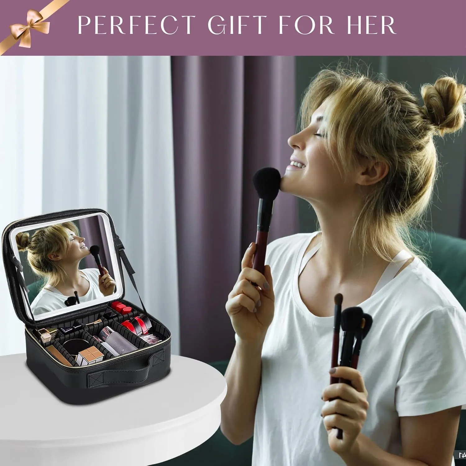 Travel Makeup Case: Waterproof makeup bag with led mirror, Portable Artist Organizer with Adjustable Dividers, Makeup Brush Holder, Lighted Case, Train case with light up mirror- White