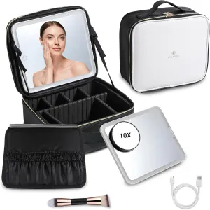 Travel Makeup Case: Waterproof makeup bag with led mirror, Portable Artist Organizer with Adjustable Dividers, Makeup Brush Holder, Lighted Case, Train case with light up mirror- White