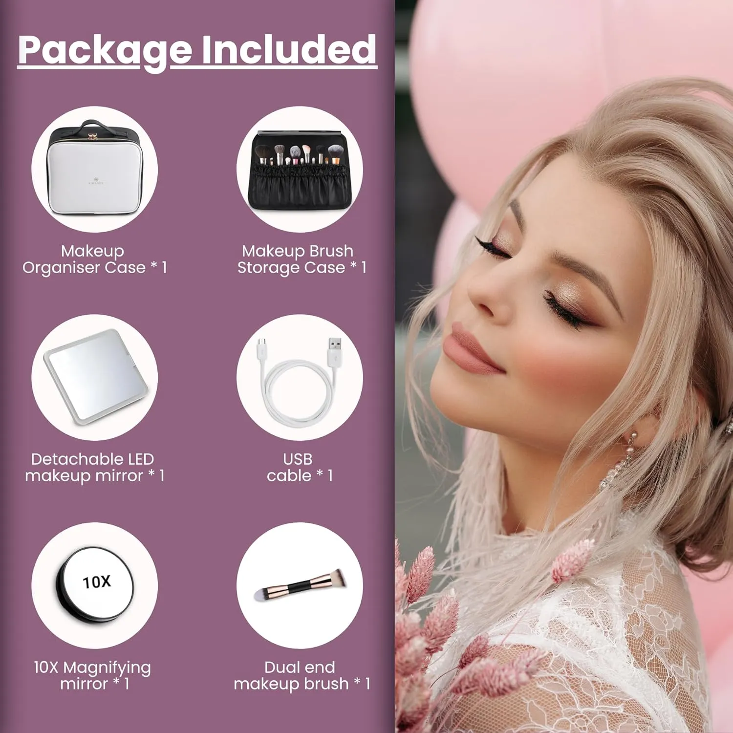 Travel Makeup Case: Waterproof makeup bag with led mirror, Portable Artist Organizer with Adjustable Dividers, Makeup Brush Holder, Lighted Case, Train case with light up mirror- White