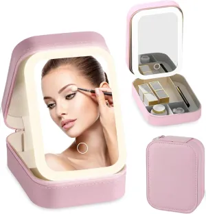 Travel Makeup Case with LED Mirror, Makeup Bag with Lighted Mirror, Cosmetic Storage Box, Christmas Portable Organizer Vanity Case for Women, Beauty Tool Accessories Rechargeable, Pink