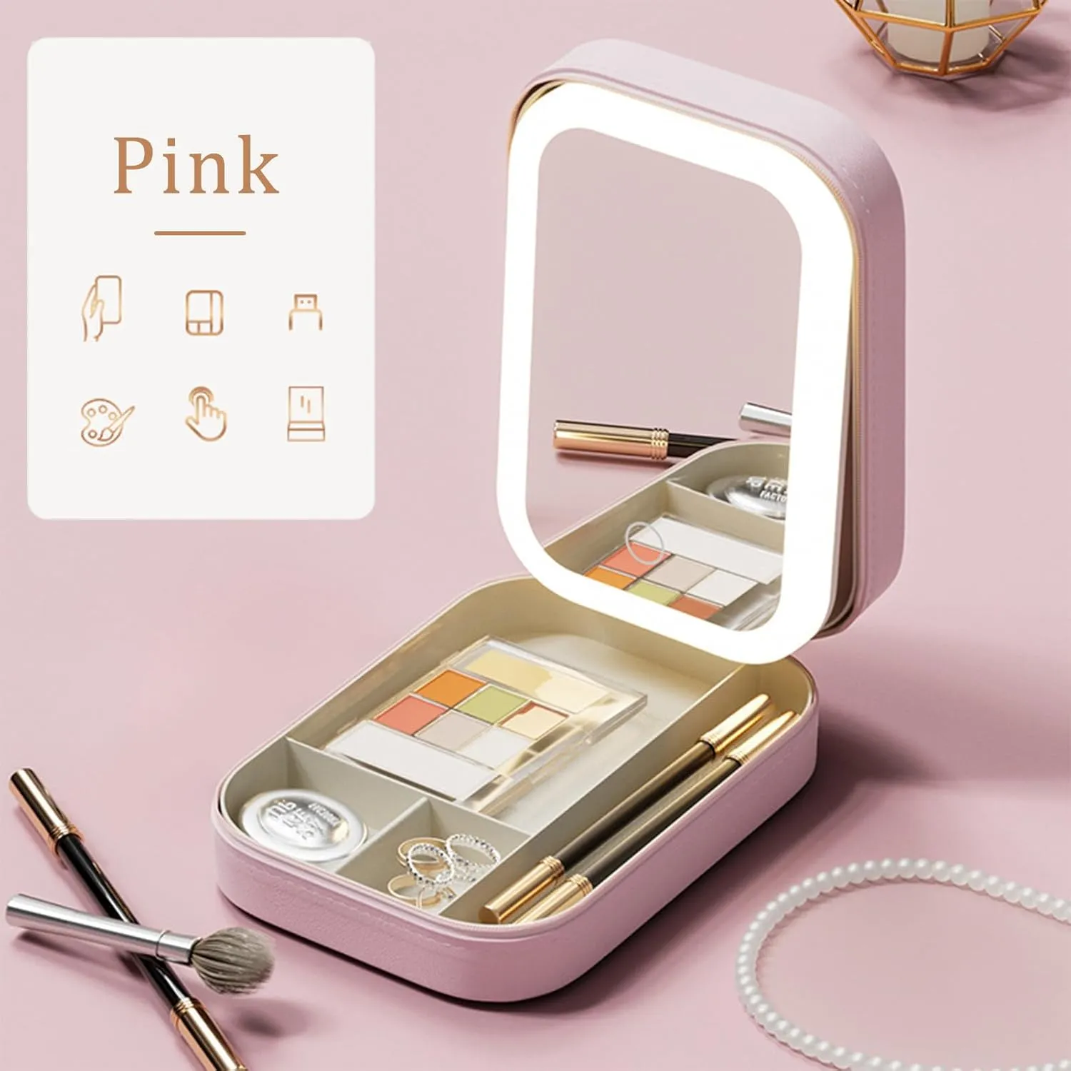 Travel Makeup Case with LED Mirror, Makeup Bag with Lighted Mirror, Cosmetic Storage Box, Christmas Portable Organizer Vanity Case for Women, Beauty Tool Accessories Rechargeable, Pink