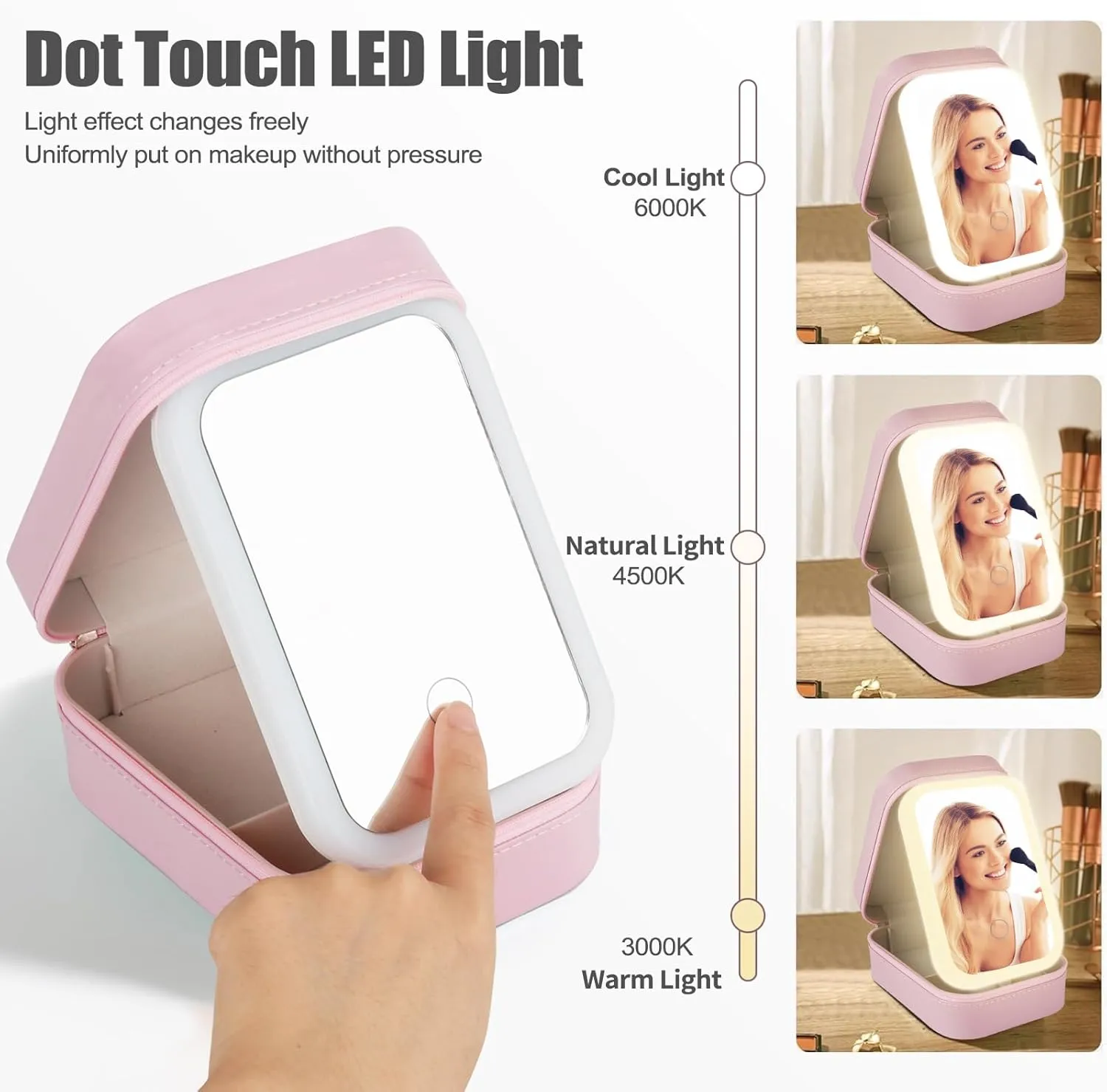 Travel Makeup Case with LED Mirror, Makeup Bag with Lighted Mirror, Cosmetic Storage Box, Christmas Portable Organizer Vanity Case for Women, Beauty Tool Accessories Rechargeable, Pink