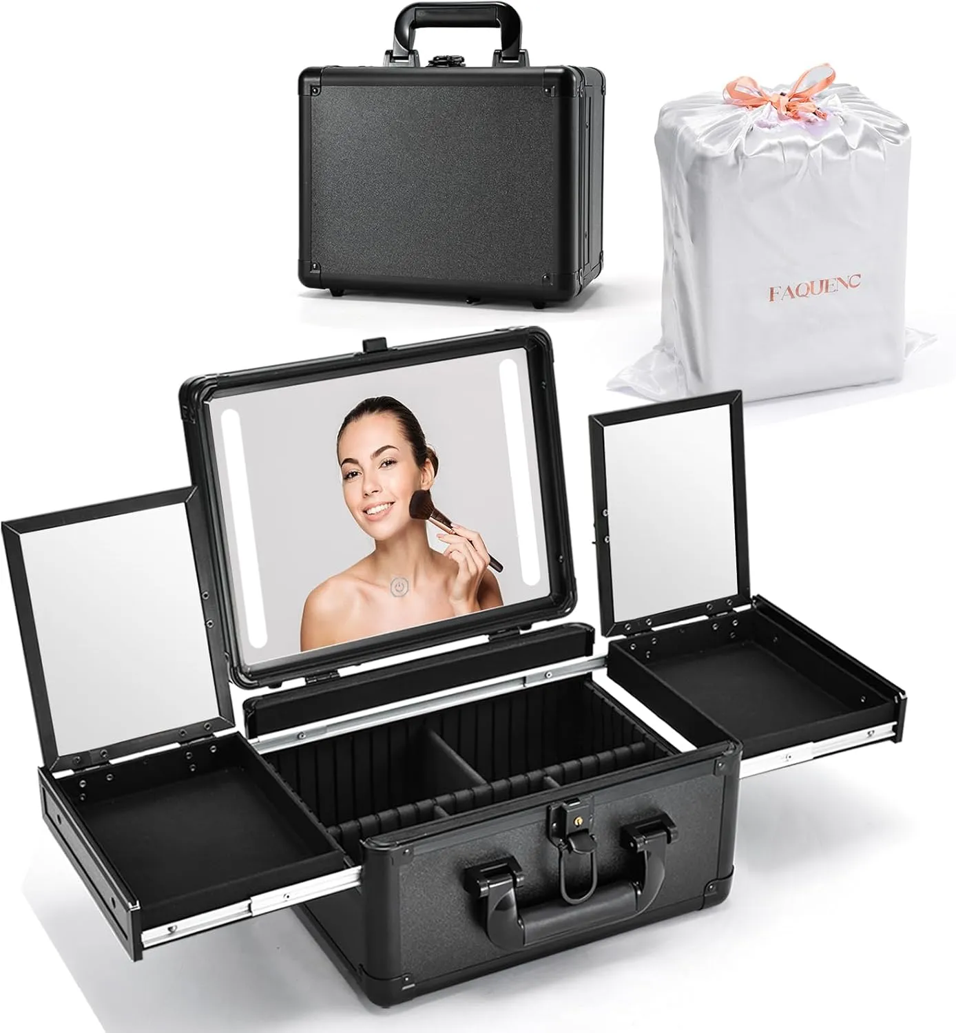 Travel Makeup Case With LED Mirror, Makeup Train Case with Light up Mirror, Artist Portable Makeup Organizer Bag with Adjustable Dividers, Fold-out Trays for Jewelry Storage, Black