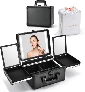 Travel Makeup Case With LED Mirror, Makeup Train Case with Light up Mirror, Artist Portable Makeup Organizer Bag with Adjustable Dividers, Fold-out Trays for Jewelry Storage, Black