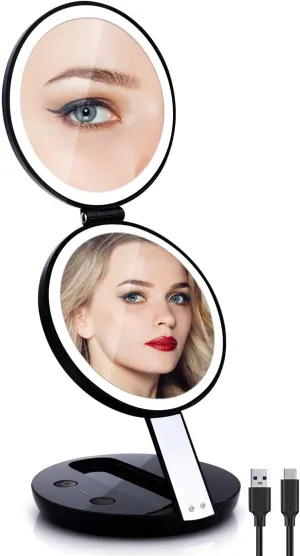 Travel Makeup Mirror with Lights, 1X/7X Compact Rechargeable Vanity Mirror, Adjustable Five Levels of Brightness and Height, 4.5" Portable Folding Mirror with Type-C Charging Cable and Storage Bag