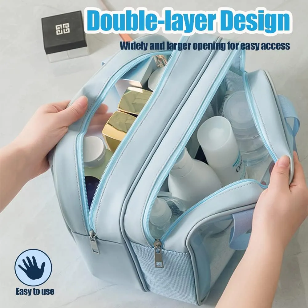 Travel Toiletry Bag, 2 in 1 Large Clear Makeup Bags,Cosmetics Bag,Transparent Skin Care Bag for Toiletries,Waterproof & Draining,PVC Toiletry Organizer Thickened Wash Bag for Women Men