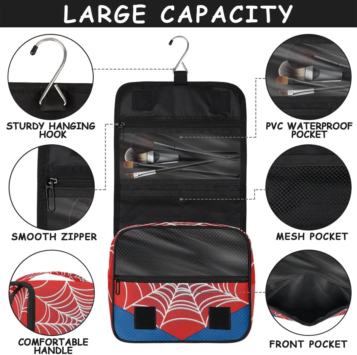 Travel Toiletry Bag for Boys Men, Red Spider Web Large Hanging Shaving Dopp Kit Waterproof Bathroom Toiletries Organizer Cosmetic Bags