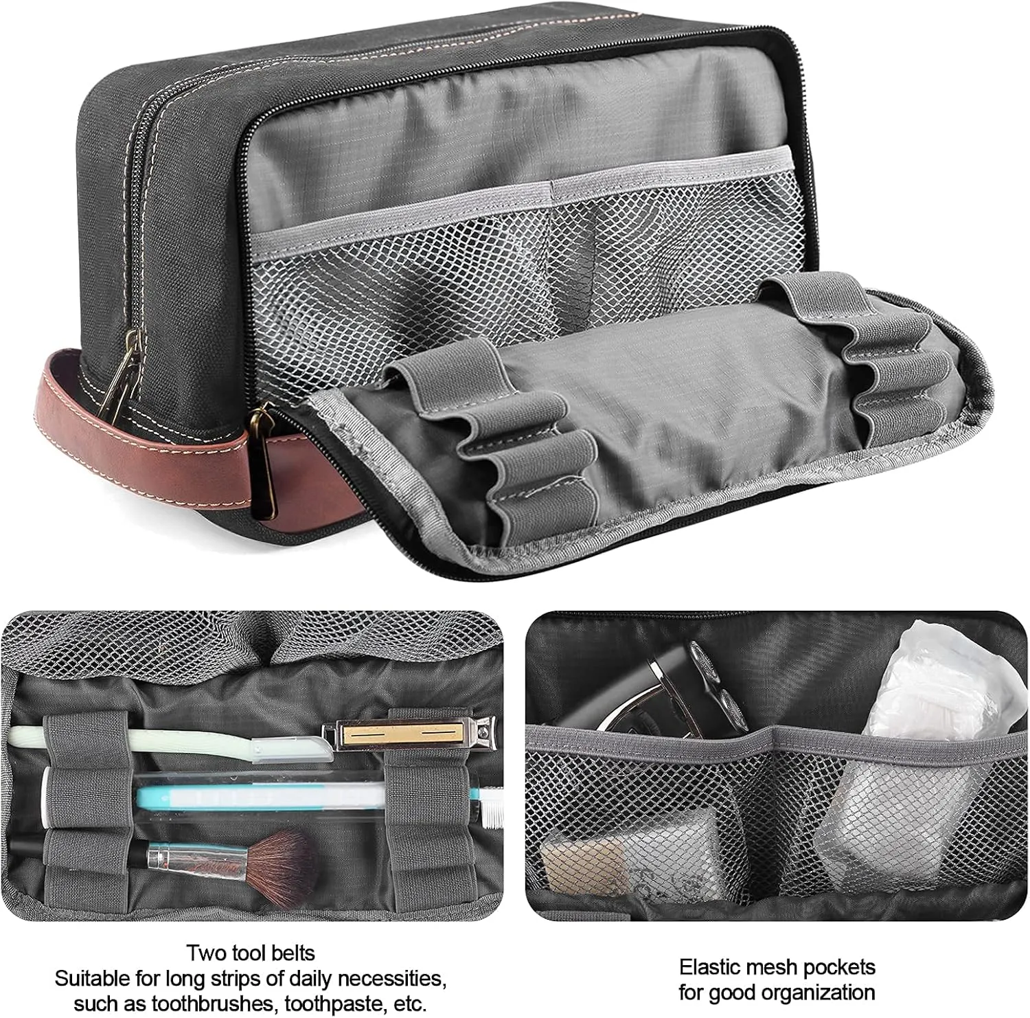 Travel Toiletry Bag for Men and Women, Canvas Toiletry Organizer Water-Resistant Vegan Leather, Hanging Dopp Kit Shaving Bag for Toiletries Accessories
