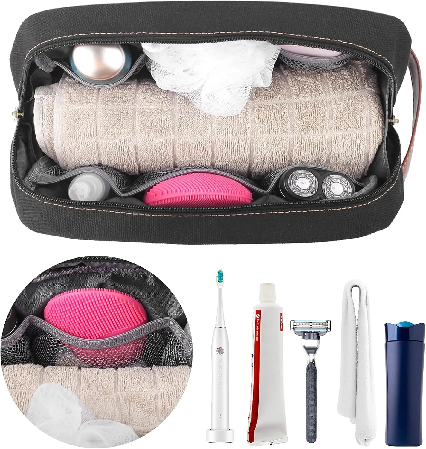 Travel Toiletry Bag for Men and Women, Canvas Toiletry Organizer Water-Resistant Vegan Leather, Hanging Dopp Kit Shaving Bag for Toiletries Accessories