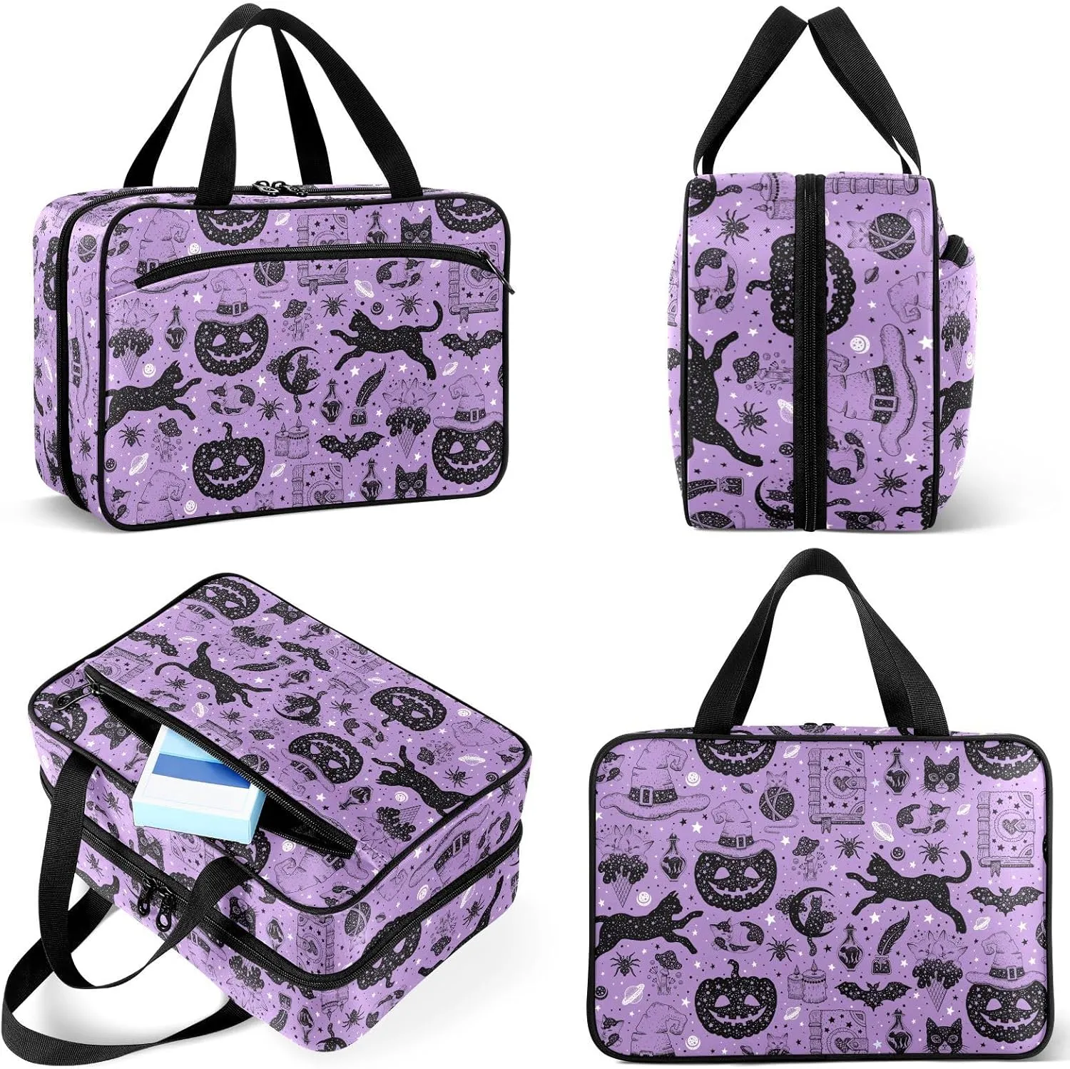 Travel Toiletry Bag for Woman/Men, Magic Potion Witches Hat Black Cats and Spell Book Hanging Organizer Bag with Pockets Portable Folding Travel Case Bags for Makeup Cosmetic Toiletries Traveling-L