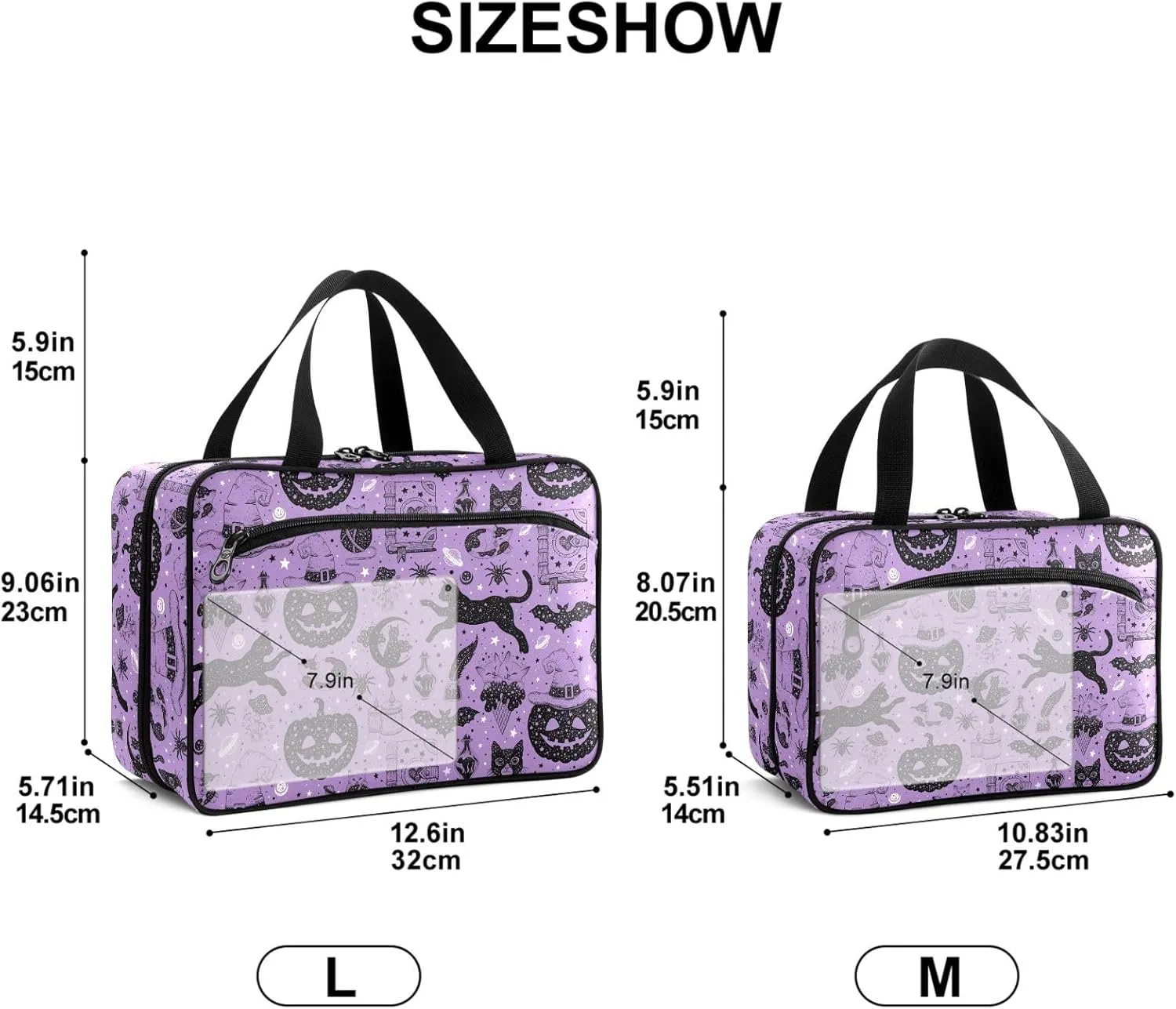 Travel Toiletry Bag for Woman/Men, Magic Potion Witches Hat Black Cats and Spell Book Hanging Organizer Bag with Pockets Portable Folding Travel Case Bags for Makeup Cosmetic Toiletries Traveling-L