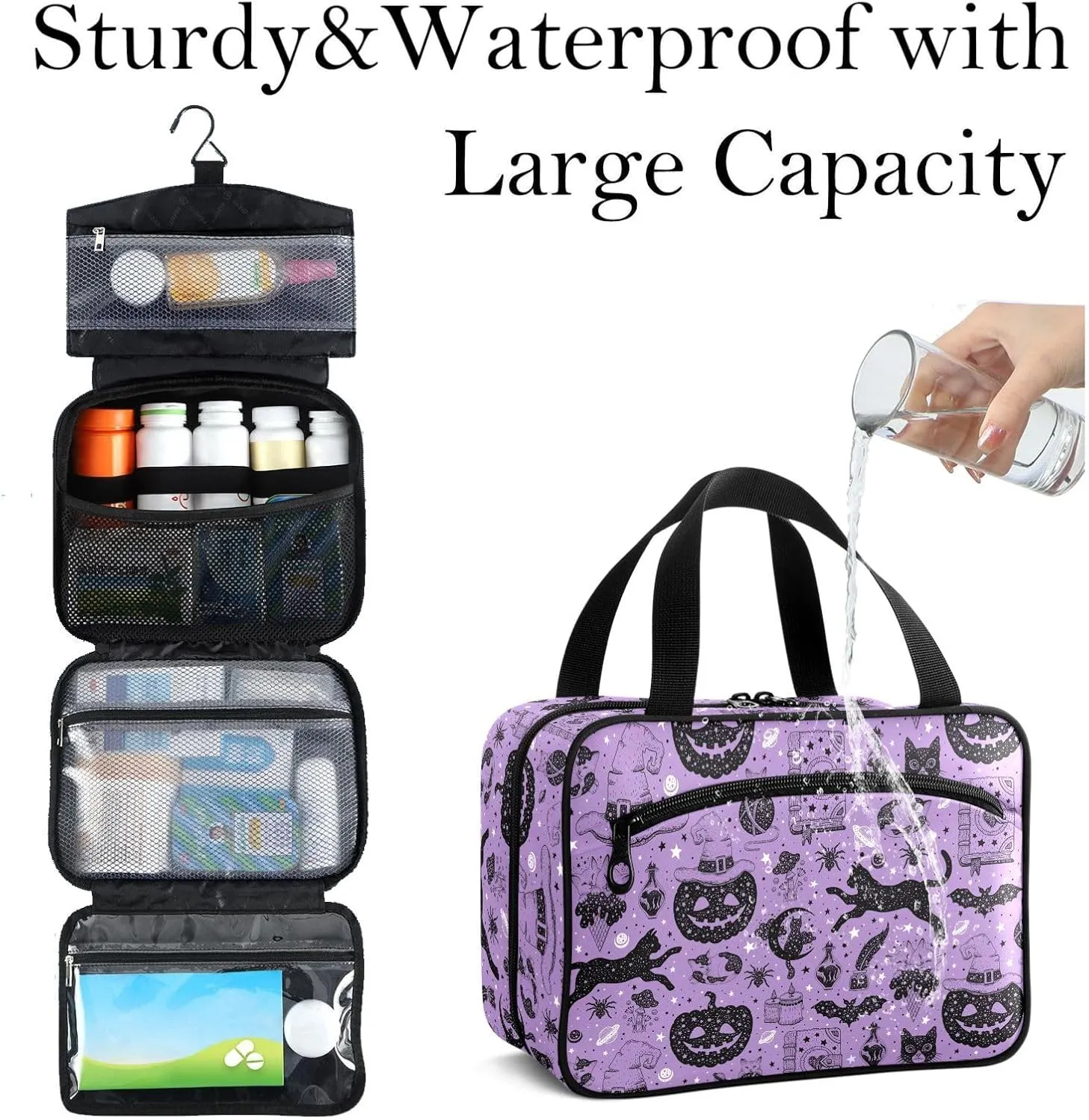 Travel Toiletry Bag for Woman/Men, Magic Potion Witches Hat Black Cats and Spell Book Hanging Organizer Bag with Pockets Portable Folding Travel Case Bags for Makeup Cosmetic Toiletries Traveling-L