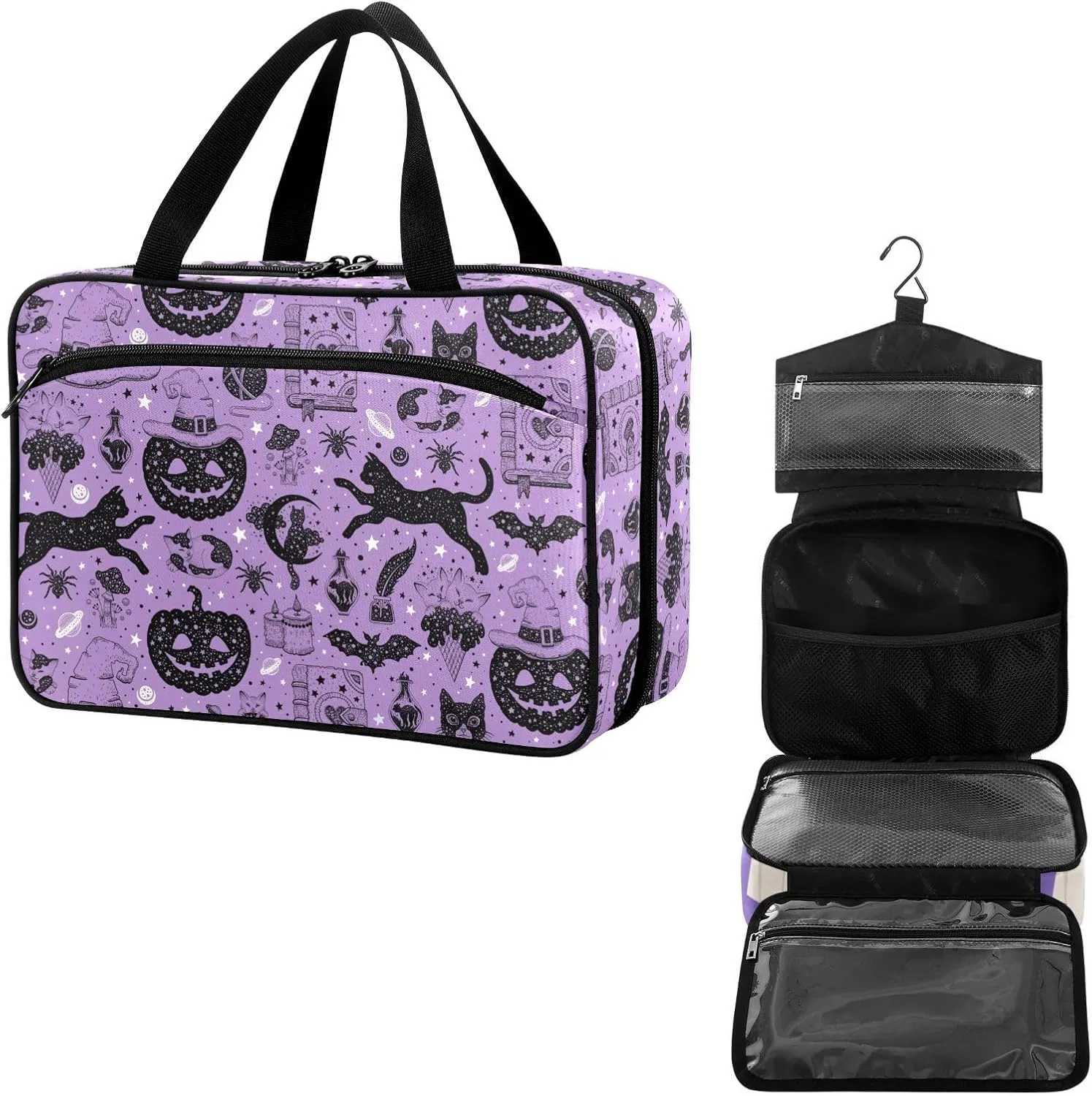 Travel Toiletry Bag for Woman/Men, Magic Potion Witches Hat Black Cats and Spell Book Hanging Organizer Bag with Pockets Portable Folding Travel Case Bags for Makeup Cosmetic Toiletries Traveling-L