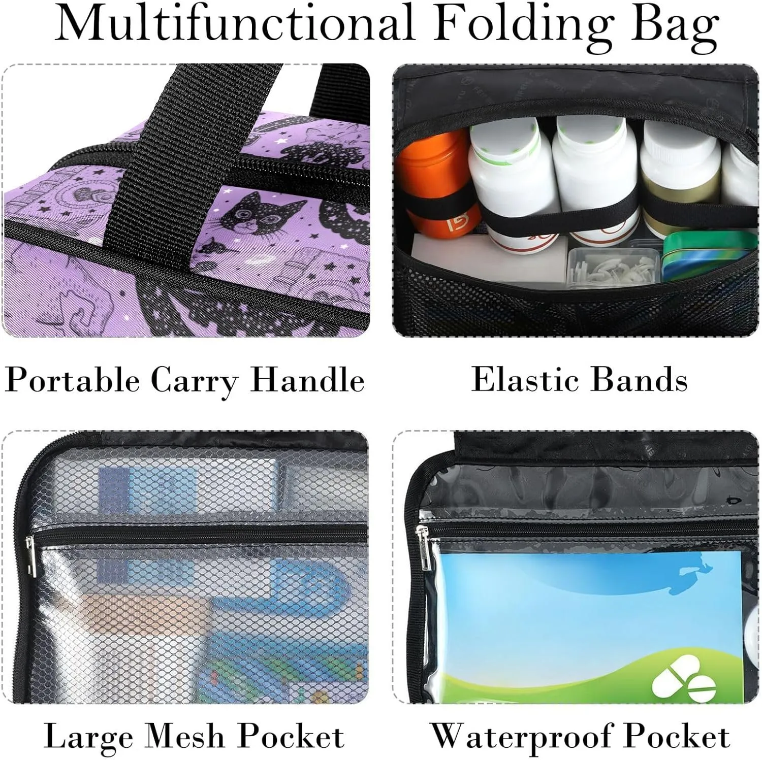 Travel Toiletry Bag for Woman/Men, Magic Potion Witches Hat Black Cats and Spell Book Hanging Organizer Bag with Pockets Portable Folding Travel Case Bags for Makeup Cosmetic Toiletries Traveling-L