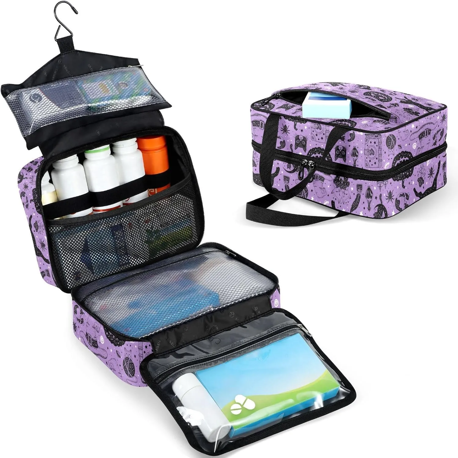 Travel Toiletry Bag for Woman/Men, Magic Potion Witches Hat Black Cats and Spell Book Hanging Organizer Bag with Pockets Portable Folding Travel Case Bags for Makeup Cosmetic Toiletries Traveling-L