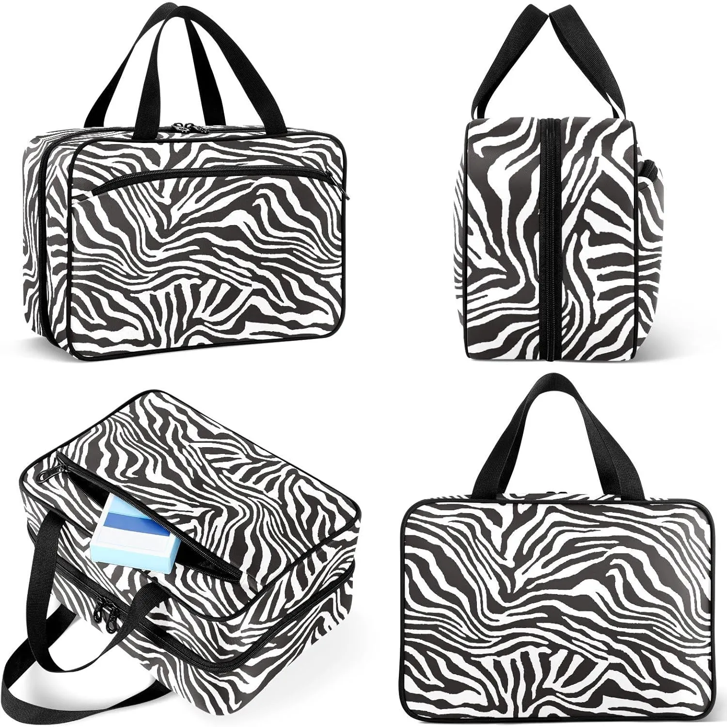 Travel Toiletry Bag for Woman/Men, Modern Wild Animal Zebra Skin Black and White Hanging Organizer Bag with Pockets Portable Folding Travel Case Bags for Makeup Cosmetic Toiletries Traveling-L
