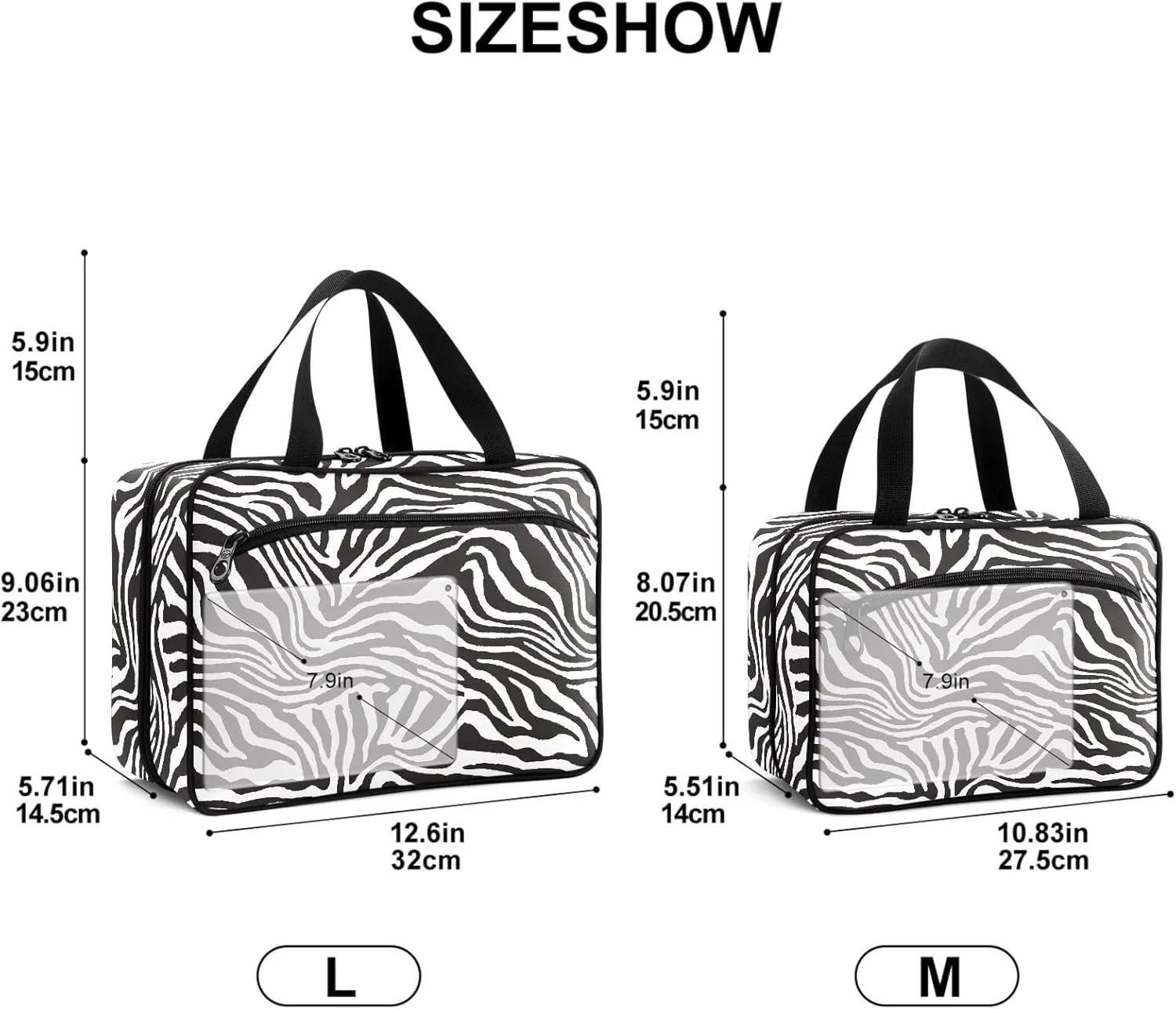 Travel Toiletry Bag for Woman/Men, Modern Wild Animal Zebra Skin Black and White Hanging Organizer Bag with Pockets Portable Folding Travel Case Bags for Makeup Cosmetic Toiletries Traveling-L