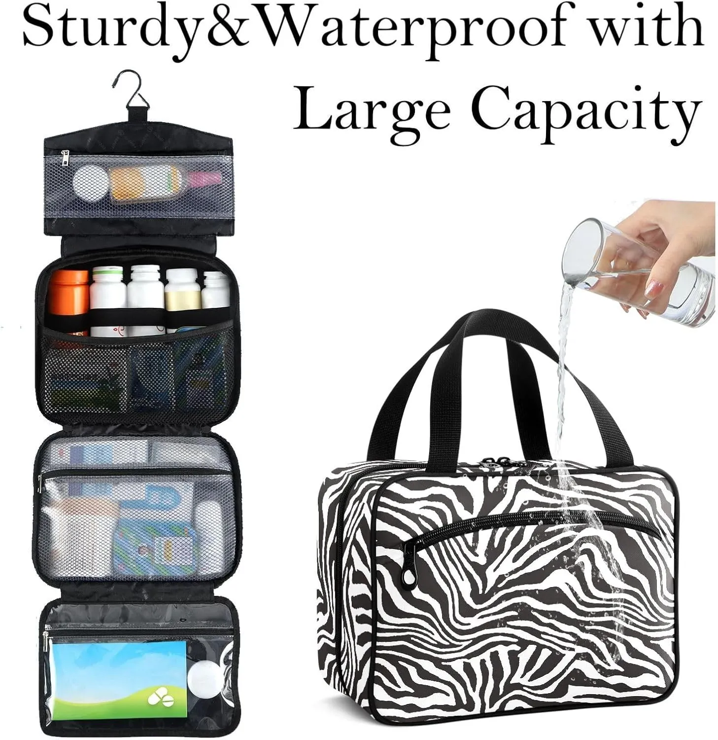 Travel Toiletry Bag for Woman/Men, Modern Wild Animal Zebra Skin Black and White Hanging Organizer Bag with Pockets Portable Folding Travel Case Bags for Makeup Cosmetic Toiletries Traveling-L