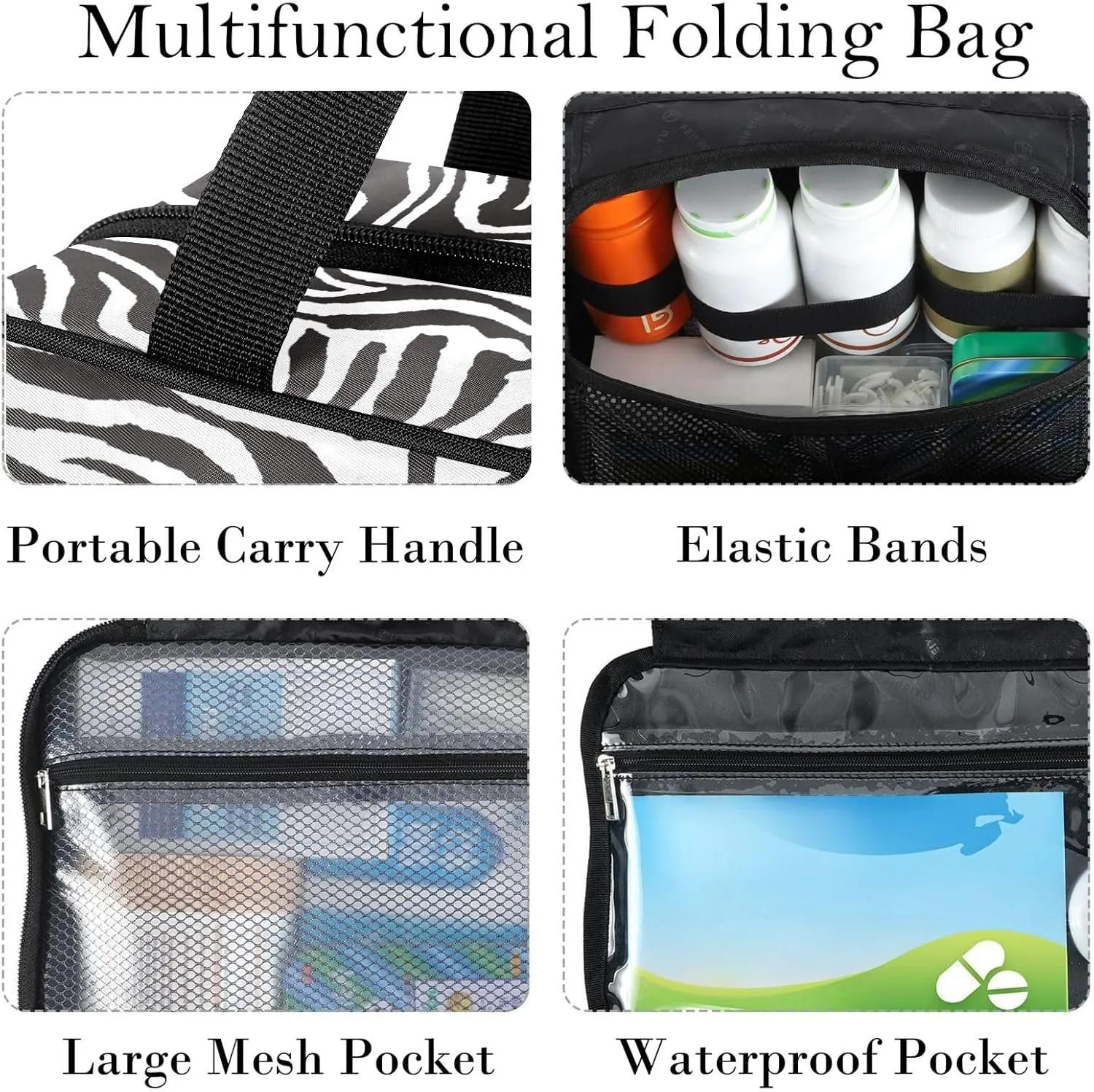 Travel Toiletry Bag for Woman/Men, Modern Wild Animal Zebra Skin Black and White Hanging Organizer Bag with Pockets Portable Folding Travel Case Bags for Makeup Cosmetic Toiletries Traveling-L