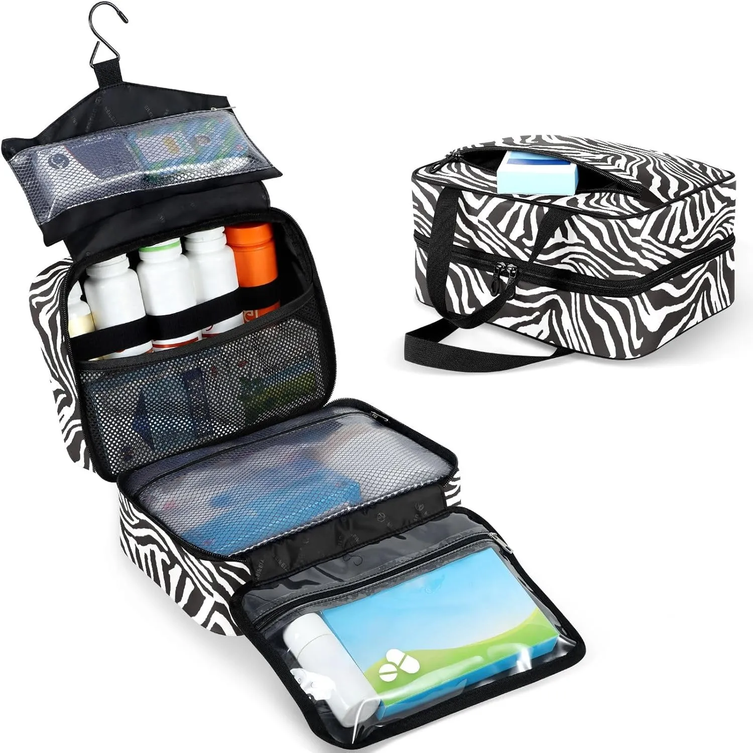 Travel Toiletry Bag for Woman/Men, Modern Wild Animal Zebra Skin Black and White Hanging Organizer Bag with Pockets Portable Folding Travel Case Bags for Makeup Cosmetic Toiletries Traveling-L